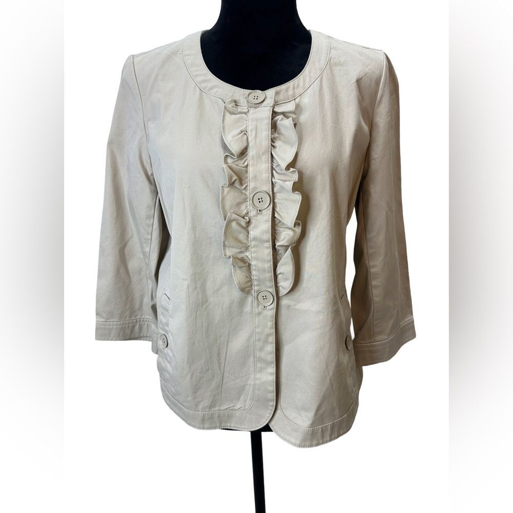 Talbots Khaki Ruffle Front Button Down Jacket Blazer 3/4 Sleeves Size 14P